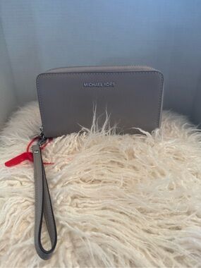 Michael Kors Gray Saffiano Zip Wristlet with Strap